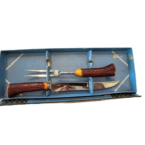 Vintage 2 pc WASHINGTON FORGE Sheffield England Carving Set Faux Wood Handles - Picture 5 of 7